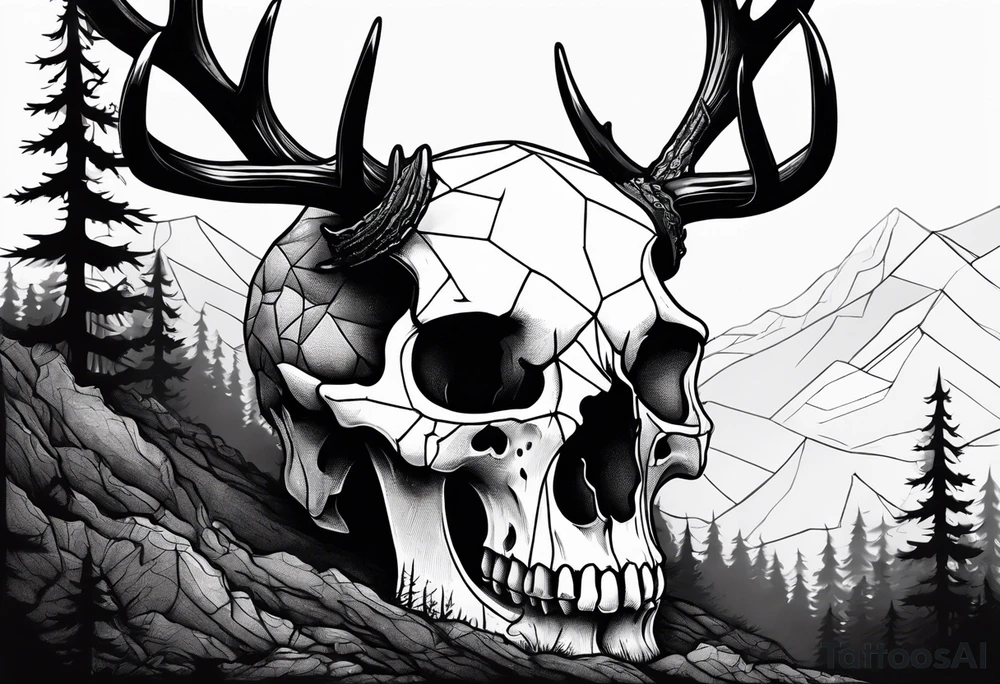 scary side view of a DECAYING deer skull JUST BONE surrounded by a forest fire in background tattoo idea