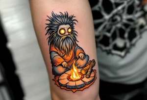 Domovoi Spirit – A small, bearded creature in fur and linen with glowing yellow eyes, sitting by a hearth with amber flames and wooden textures in brown and ochre. tattoo idea
