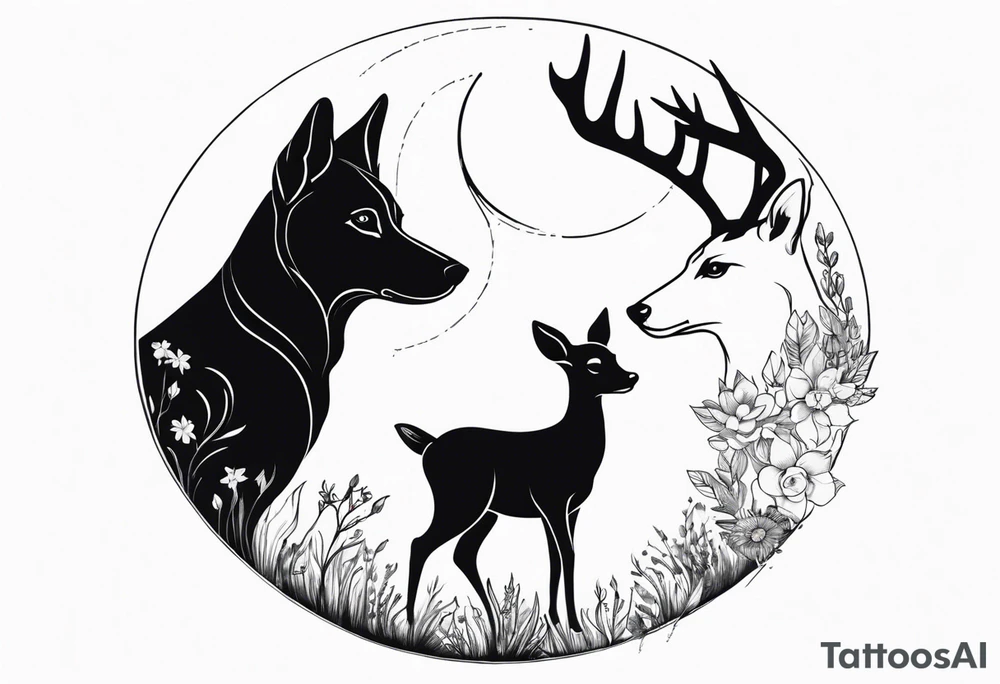 Huntig dog an deer next to each other, circle around the tattoo with flowers tattoo idea