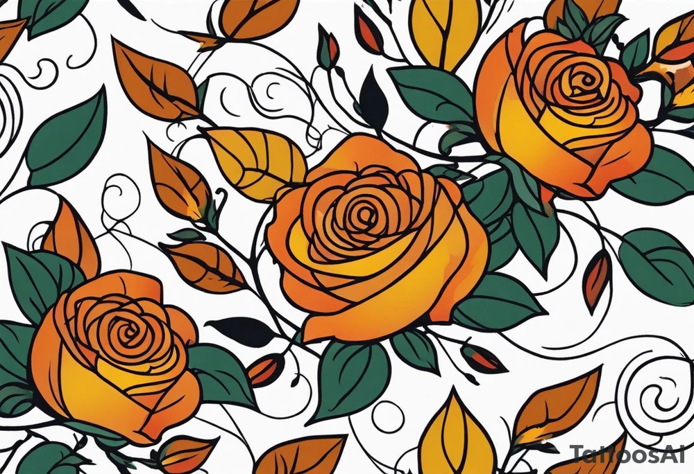 sleeve tattoo in fall colors with roses background swirls, leaves tattoo idea