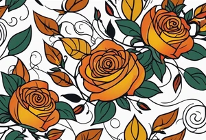 sleeve tattoo in fall colors with roses background swirls, leaves tattoo idea