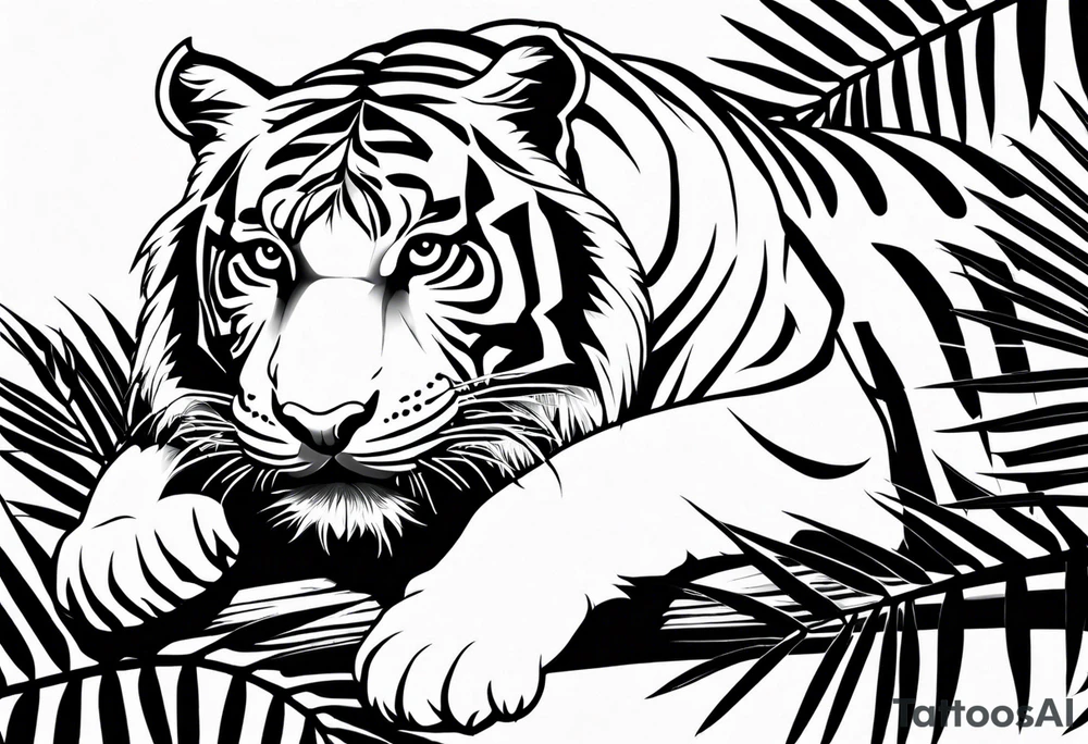 tiger laying on palm tree tattoo idea