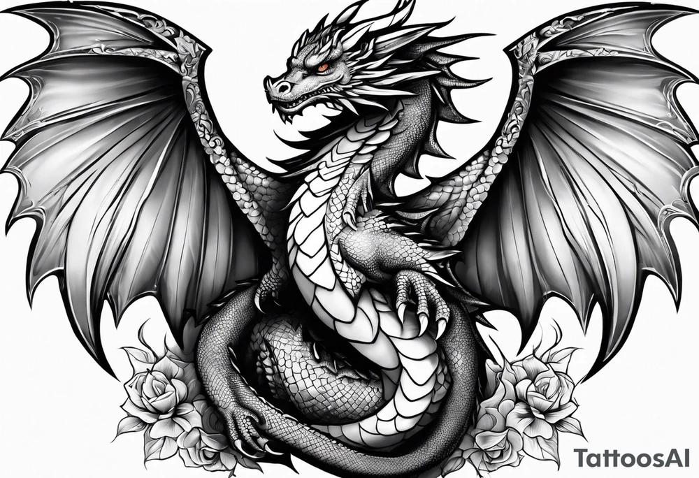 Mother dragon wings spread standing over her three young dragon babies tattoo idea