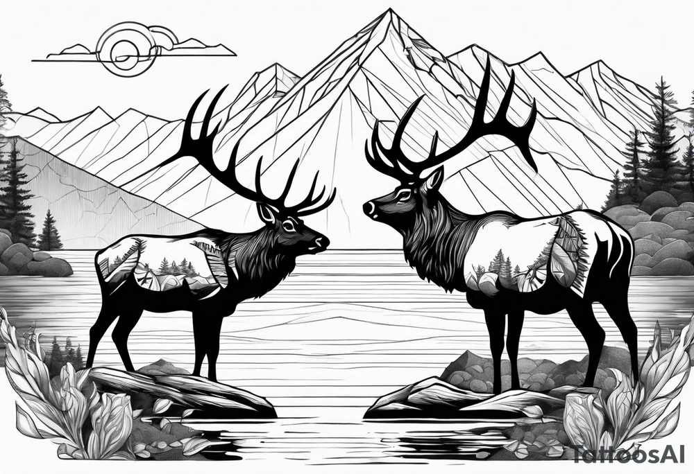 male and female elk near water with mountain landscape in the background tattoo idea