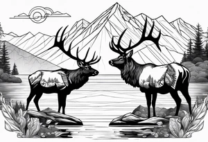 male and female elk near water with mountain landscape in the background tattoo idea