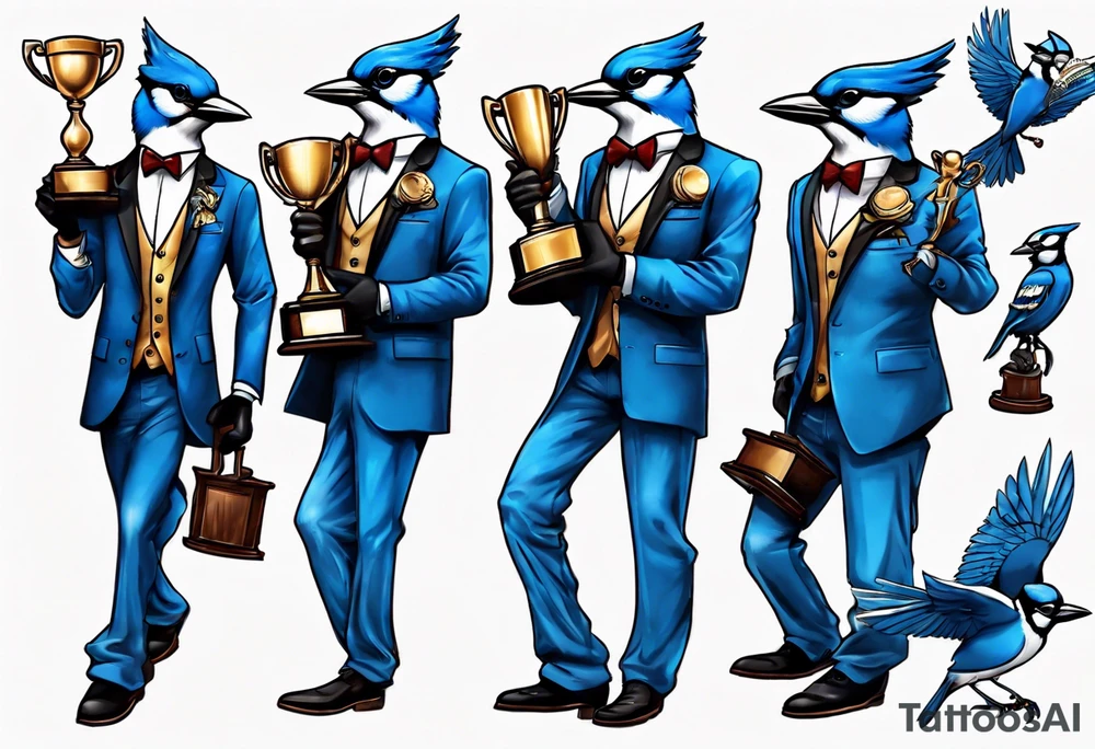 bluejay in a suit holding a trophy tattoo idea