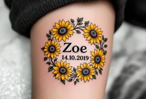 Zorka 14. 10. 2019 – Bright yellow sunflowers surrounding Zoe's birthdate, with tiny green leaves scattered throughout. tattoo idea