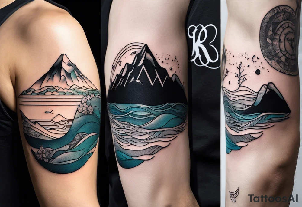 This is a minimalistic tattoo that is split into 2 sections; a top half and a bottom half. The top half is a mountain in Norway with a mountain bike trail winding down the mountain. The bottom half of the tattoo depicts an underwater scene featuring water, and sea life. tattoo idea