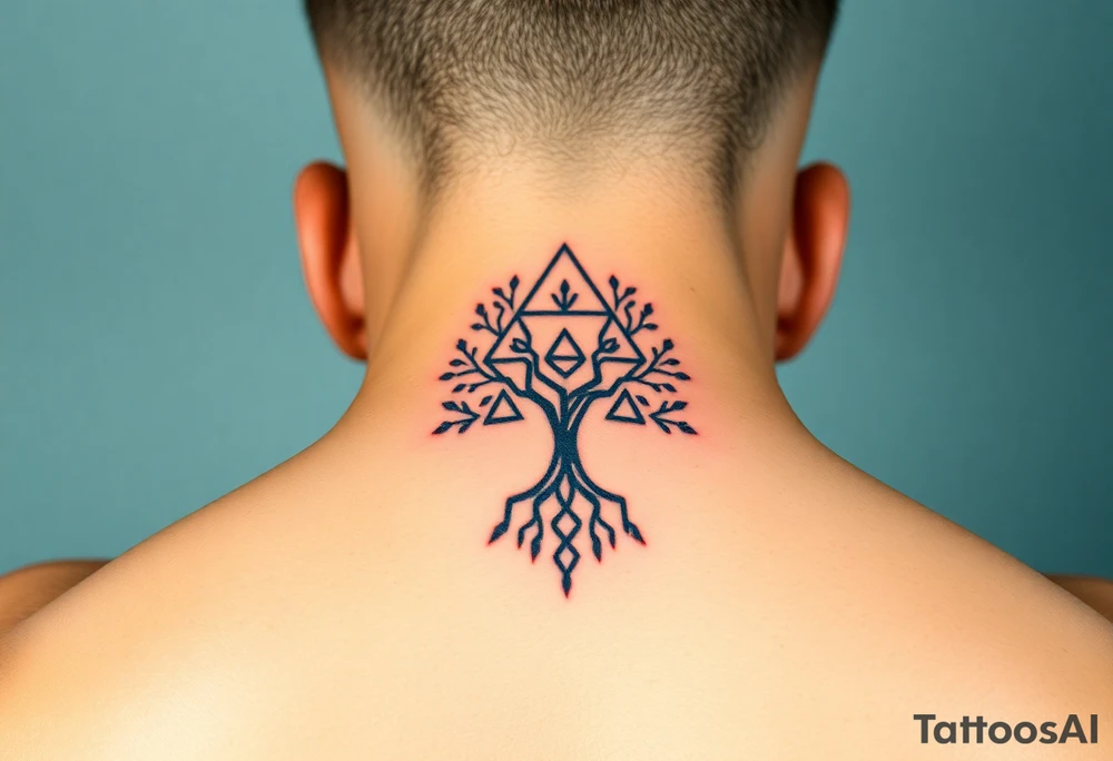 A geometric family tree with deep root interconnected triangles and hexagons, reflecting the strong foundation of ancestry tattoo idea