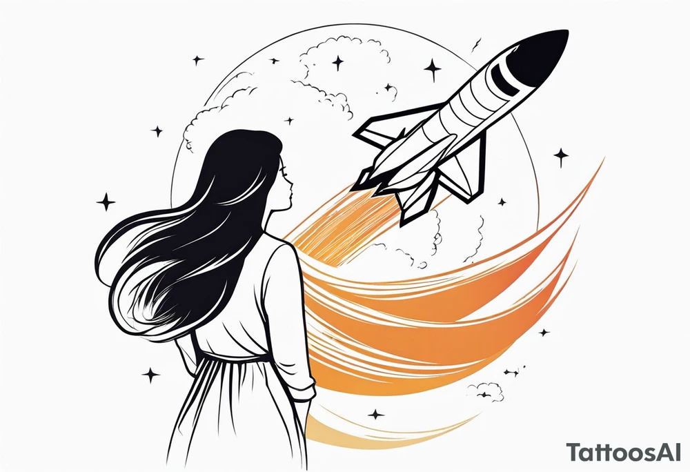 young girl in dress with long hair blowing in the wind watching a space shuttle launch in the distance, all nested within 4 octagons tattoo idea