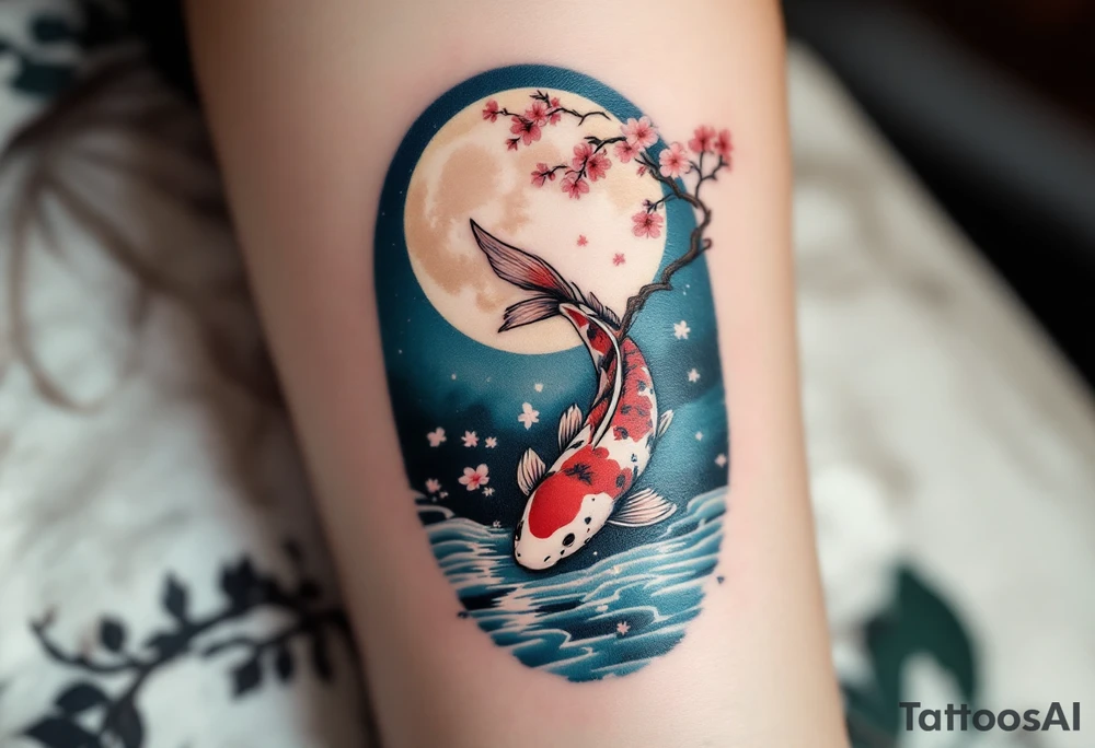a koi fish swimming upstream in a pond moonlight by the full moon with a sakura tree by the pond tattoo idea