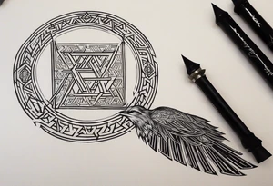 Thin Nordic chain that englobe the forearm, divided in steps with Yggdrasil, Valknut, Uruz (ᚢ), Raido (ᚱ), Gebo (ᚷ), Perthro (ᛈ), Elhaz (ᛉ), Laguz (ᛚ) and Odin’s Ravens. tattoo idea