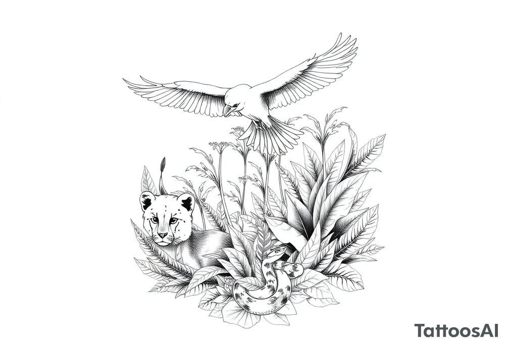 Fine line tattoo: Andean condor flying above Amazon rainforest, amongst the tropical foliage is a puma hiding with only its face exposed, towards the floor of the rainforest is a snake, also mostly hidden behind plants but its head and parts of its body are exposed. tattoo idea