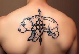 Nordic Viking themed bear on shoulder Vegvisir symbol tribal elder furthark bicep band tattoo idea