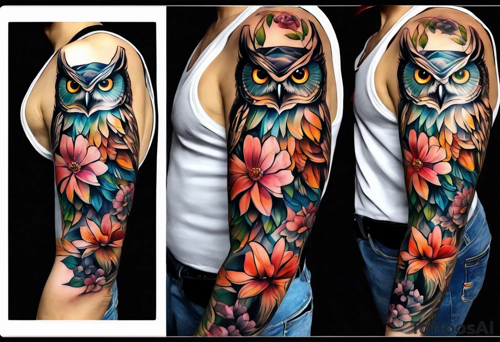 Owl and flowers full arm sleeve tattoo idea