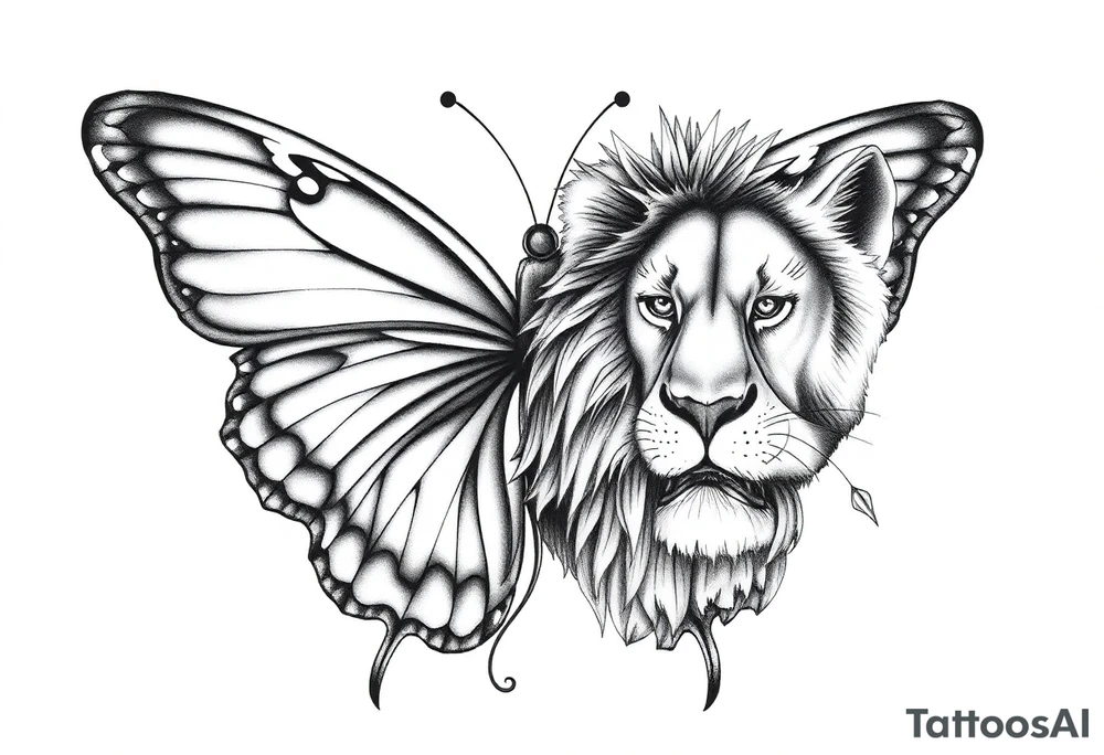 a butterfly half side with lions face tattoo idea