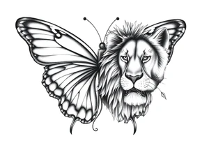 a butterfly half side with lions face tattoo idea