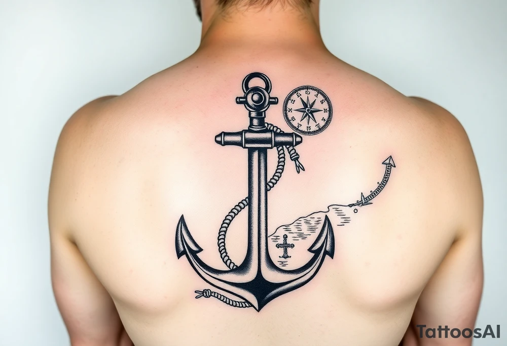 Generate a tattoo template for a single lower leg sleeve featuring a British merchant navy red ensign flag, a plimsoll line, a fouled anchor, nautical ropes and knots, a pilot ladder, a nautical compass with the needle pointing North West, elements of a nautical chart of the East Yorkshire coast, and the southern cross star constellation, Humber bridge, Whitby abbey, contours from around Whitby and coastline, wreck symbols, soundings, 199 steps Whitby tattoo idea