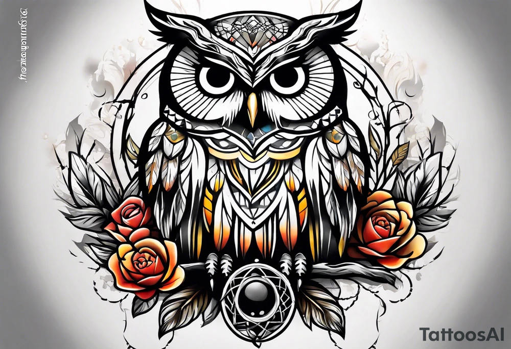 Owl and dreamcatcher back of calf sleeve tattoo idea