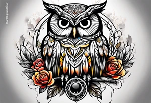 Owl and dreamcatcher back of calf sleeve tattoo idea
