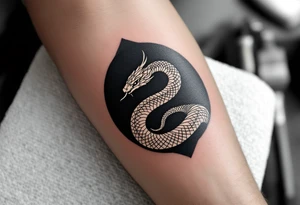 A white ouroboros (snake eating its tail) on a black circular background, symbolizing eternal safety. tattoo idea