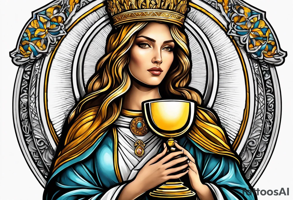 holy saint woman with golden halo holding a chalice tattoo idea