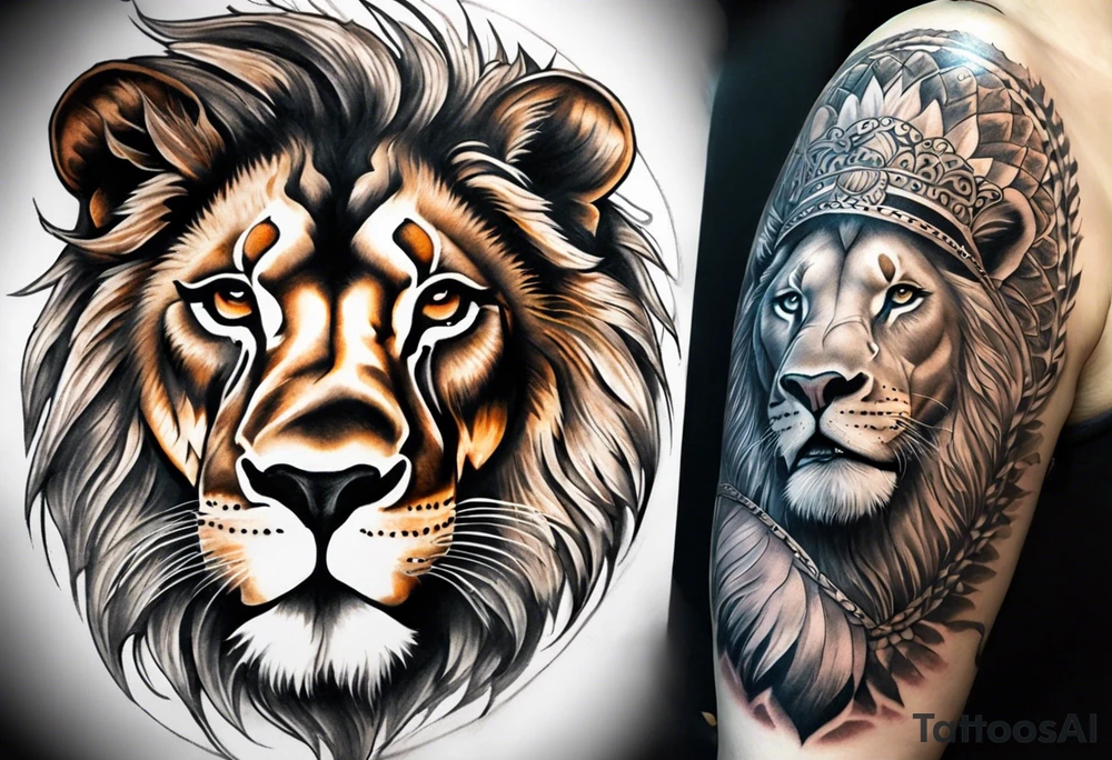 Full sleeve tattoo depicting a large lion with one blind eye with a scar going through the eye, protecting his lioness while they both also protect 6 lion cubs. Background should depict a safari scene tattoo idea