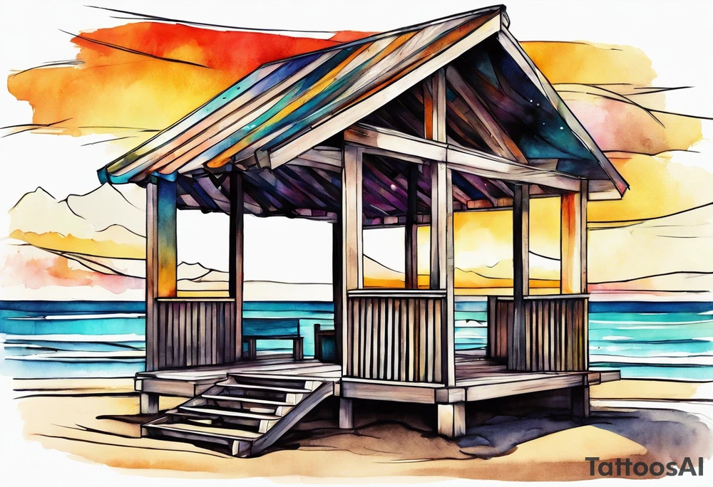 very abstract cabana on a beach, broken down into shapes more than actually looking like a cabana tattoo idea