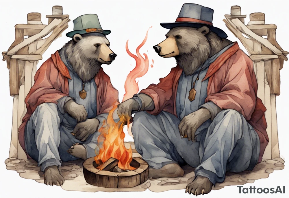 a medieval bear-human hybrid with a long grey beard wearing a tunic and a floppy hat sitting by a fire drinking from a wood cup tattoo idea