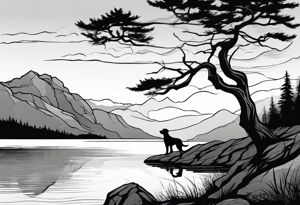 Sleeve tattoo windswept tree before lake with low rock face on another side of lake. Mastiff dog silhouette in foreground. tattoo idea