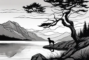 Sleeve tattoo windswept tree before lake with low rock face on another side of lake. Mastiff dog silhouette in foreground. tattoo idea