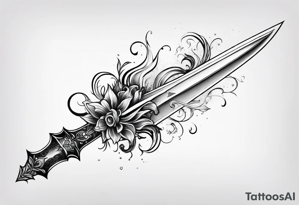 Feminine magical dagger with a splash of water swirling around it upwards tattoo idea