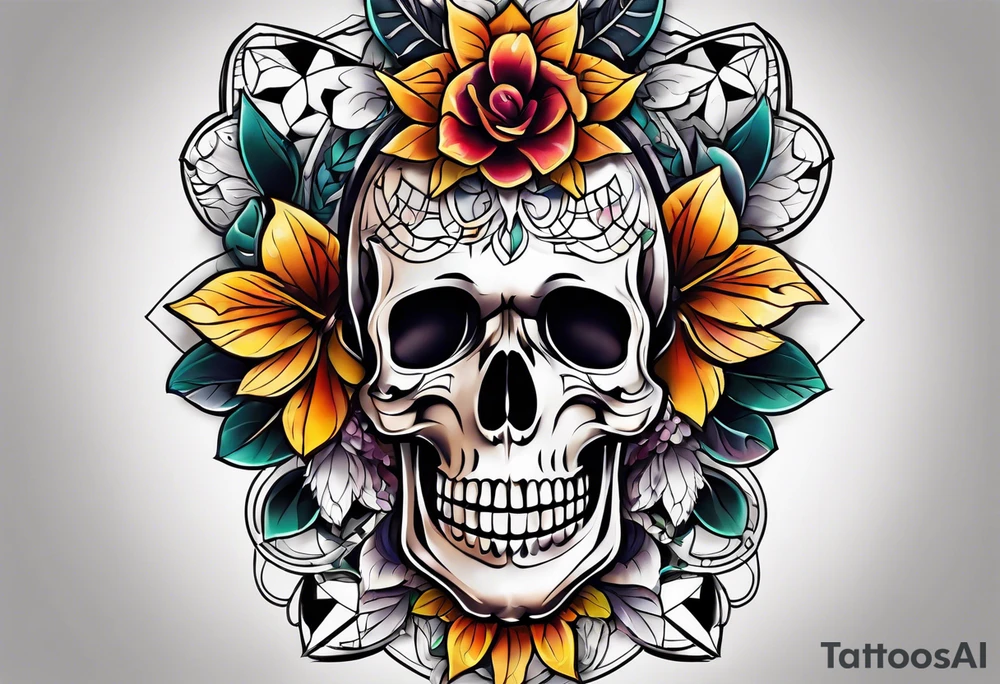 old school center knee tattoo with fall colors, flowers, skulls and geometric shapes. tattoo idea