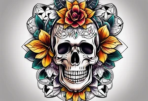 old school center knee tattoo with fall colors, flowers, skulls and geometric shapes. tattoo idea