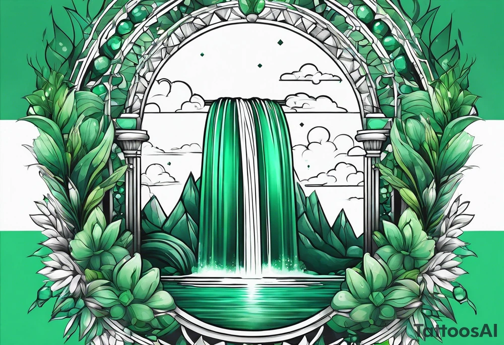 Emerald stones waterfall background tattoo idea