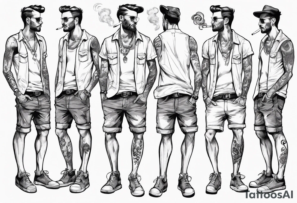 One handsome man in shorts, full-length, no hat, earrings in his ears stands smoking a cigarette tattoo idea