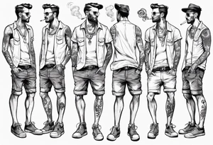 One handsome man in shorts, full-length, no hat, earrings in his ears stands smoking a cigarette tattoo idea