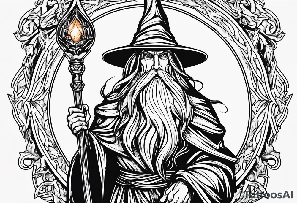 Wizard wrapped in flames and carrying a staff with a shining gem on top tattoo idea