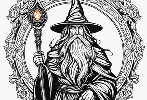 Wizard wrapped in flames and carrying a staff with a shining gem on top tattoo idea
