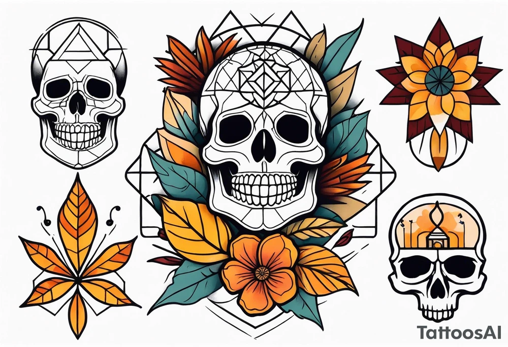 Knee tattoo with fall colors, flowers, skulls and geometric shapes. tattoo idea