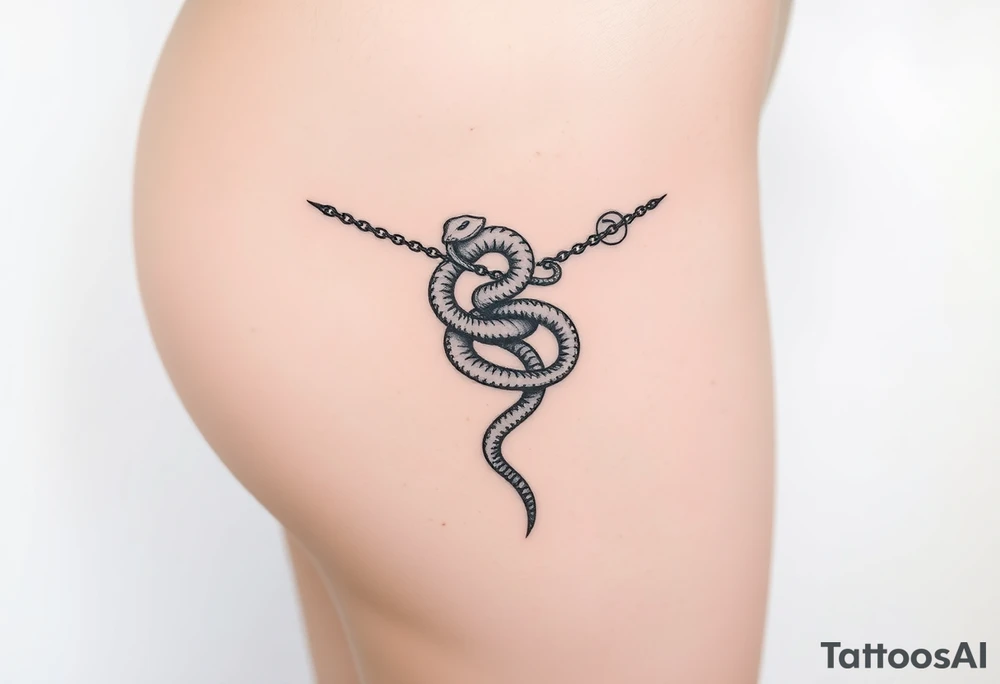 Fine-line thigh tattoo, wrapped chain made of intertwined snakes Medusa-inspired symbolism, feminine, dainty, large piece from hip to thigh tattoo idea