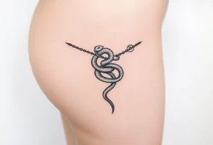 Fine-line thigh tattoo, wrapped chain made of intertwined snakes Medusa-inspired symbolism, feminine, dainty, large piece from hip to thigh tattoo idea