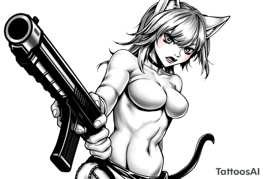 naked catgirl, slut, angry, anime, holding gun, black tattoo idea