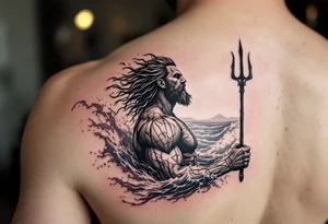 fit poseidon, with trident, in rough water, looking at the horizon tattoo idea