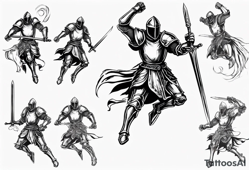 A Paladin Knight in mid-air with his sword about to attack. tattoo idea