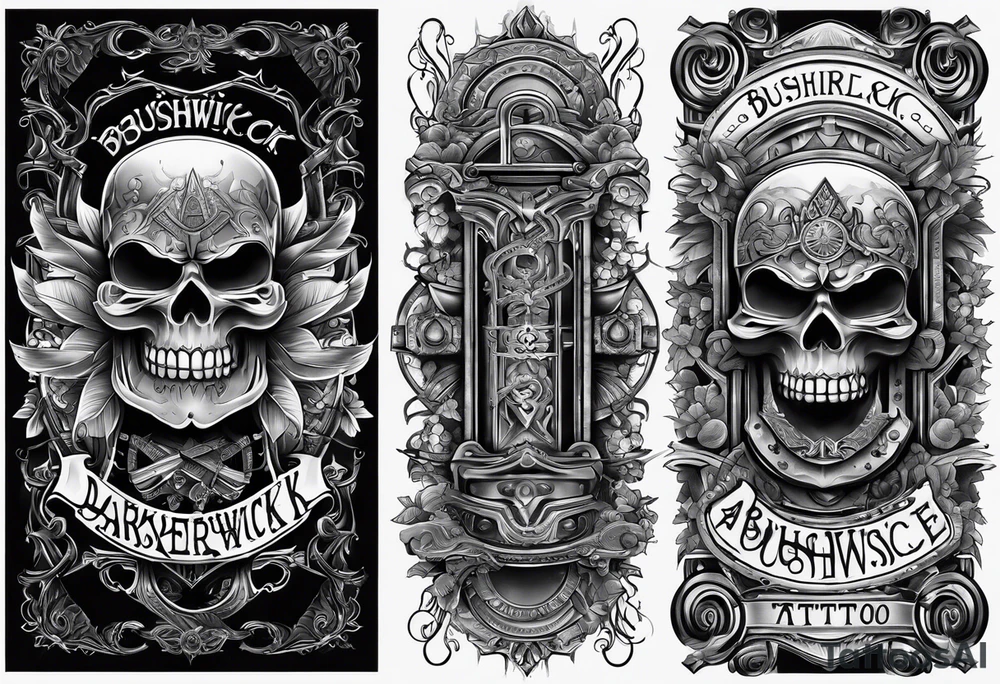 Scrolls that say “BUSHWICK” “ Darkside” “A.O.” tattoo idea