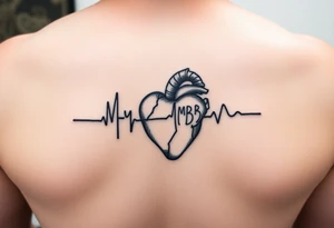 Heartbeat line with a ironman dangling from leftside with the words: My BB My Ironman going through the middle forming a cross with the heartbeat tattoo idea