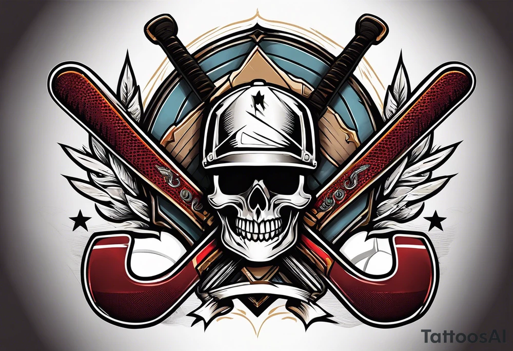crossed hockey sticks with sports equipment tattoo idea