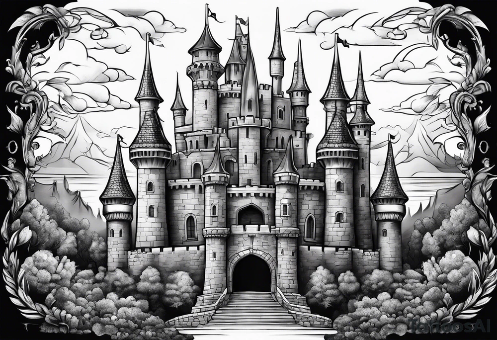 A Castle with legs and arms tattoo idea
