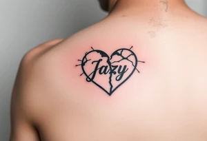 upper arm tattoo -broken heart of a deceased best friend with the name Jazy incorporated tattoo idea